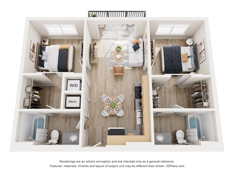 A 3D floor plan of a small apartment with a kitchen, living room, and two bedrooms.